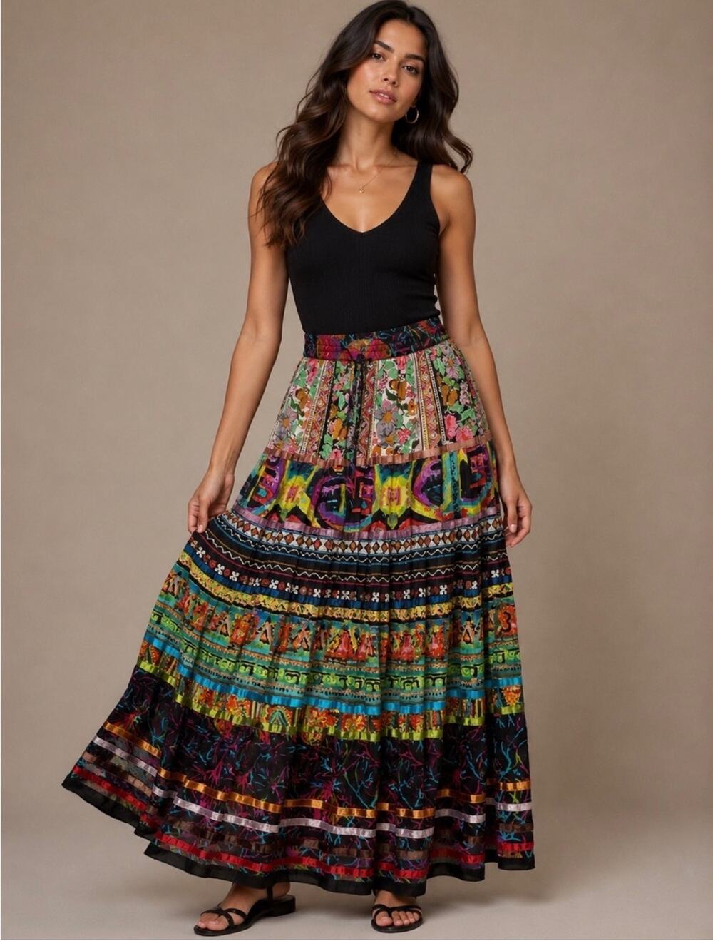 Travelsmith Medium Maxi Broomstick Tiered Floral Patchwork Boho Gypsy Skirt